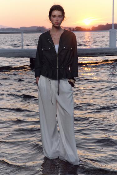 LINEN BLEND WIDE-LEG TROUSERS WITH BELT - White by Zara