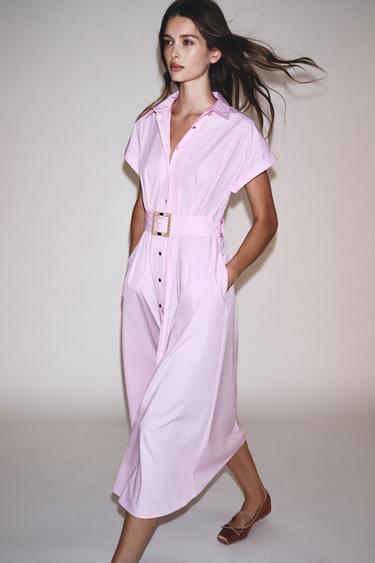 BELTED POPLIN MIDI DRESS - Pink by Zara - Image 0