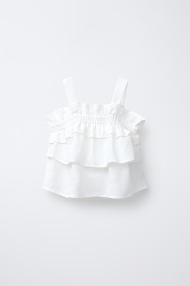 100% LINEN RUFFLE TOP - Ecru by Zara