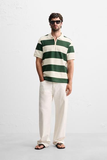 QUARTER-ZIP POLO SHIRT - White / Green by Zara