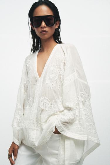 ZW COLLECTION EMBROIDERED CAPE BLOUSE - Ecru by Zara