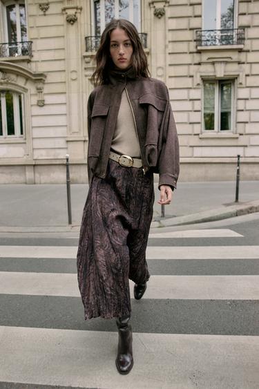 PRINTED MIDI SKIRT WITH BELT - Dark aubergine by Zara