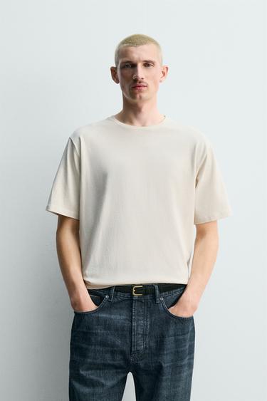 REGULAR FIT COTTON BLEND T-SHIRT - Light beige by Zara