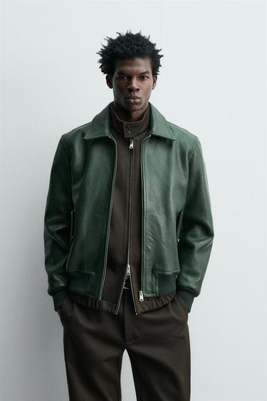 LEATHER BOMBER JACKET - Mid-green by Zara