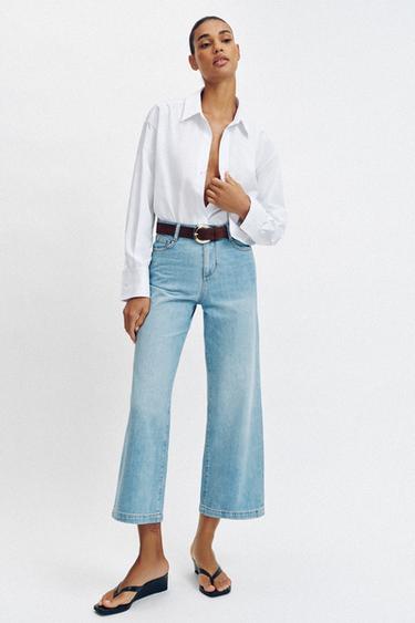 HIGH-WAIST WIDE-LEG CROPPED JEANS WITH BELT - Light blue by Zara