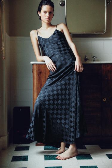 100% SILK JACQUARD ARGYLE DRESS - Blue by Zara