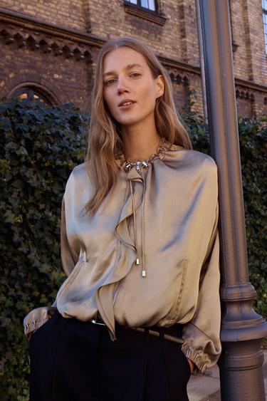 SATIN JACKET WITH RUFFLES - Brown / Taupe by Zara - Image 0