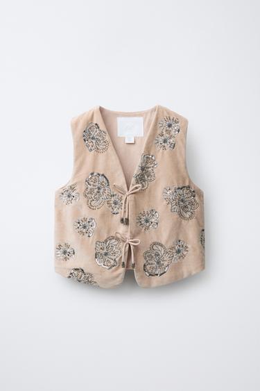 VELVET VEST WITH EMBROIDERED SEQUIN FLOWERS - Beige-pink by Zara