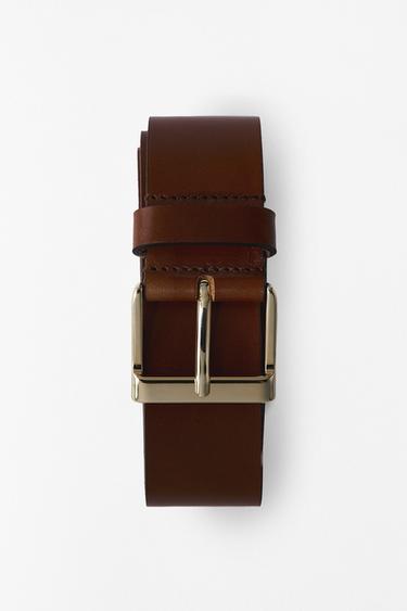 LEATHER BELT WITH SQUARE BUCKLE - Brown by Zara