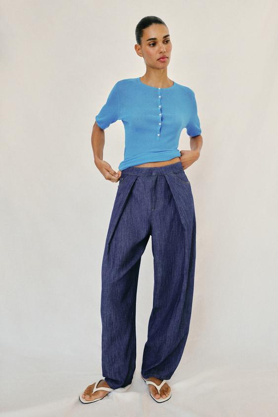 LINEN BLEND PLEATED TROUSERS - Indigo by Zara - Image 0