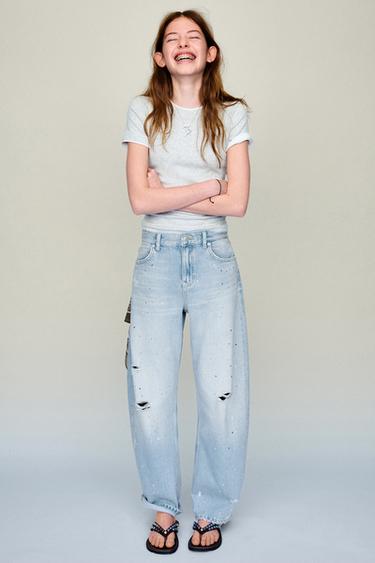 RIPPED BALLOON JEANS WITH RHINESTONES - Light blue by Zara