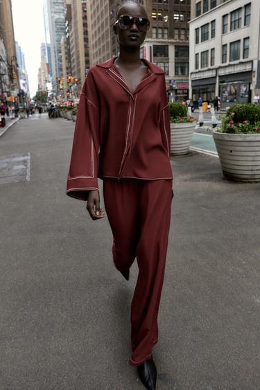 WIDE-LEG TROUSERS WITH CONTRAST TOPSTITCHING - Brick by Zara - Image 0