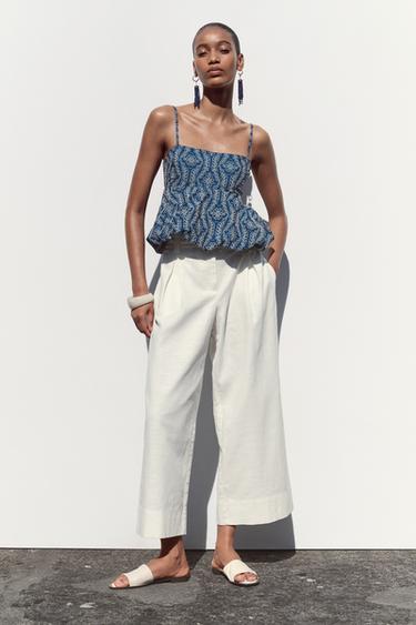 TOP WITH RUBBERISED CUTWORK EMBROIDERY - Navy / White by Zara