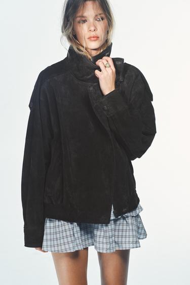 100% SUEDE LEATHER BIKER JACKET WITH COVERED BUTTONS - Charcoal by Zara