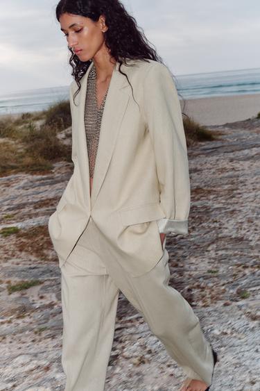 LINEN BLEND BLAZER WITH PRINTED CUFFS - Light beige by Zara