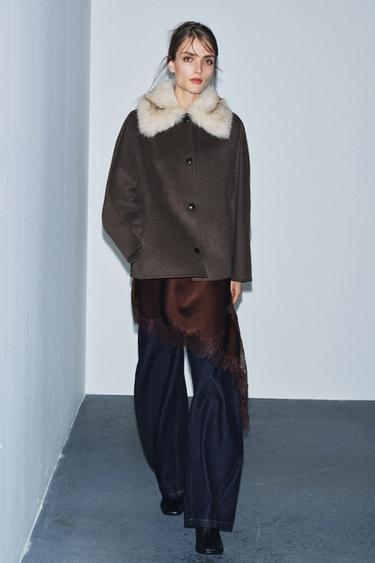 COAT WITH FAUX FUR COLLAR ZW COLLECTION - Ecru / Beige by Zara