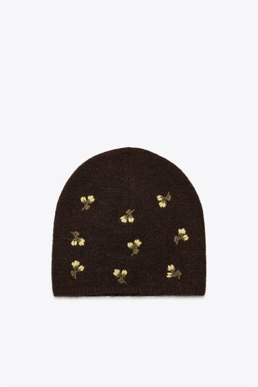 FLORAL EMBROIDERED KNIT BEANIE HAT - Brown by Zara