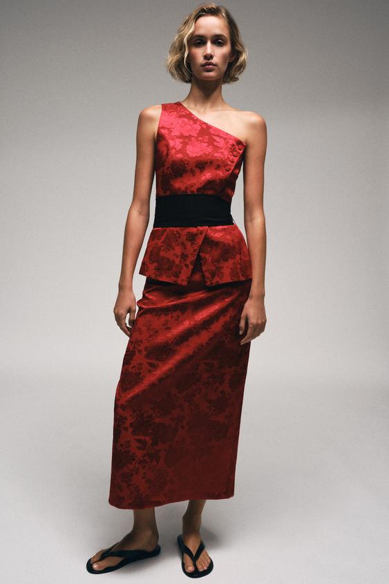 JACQUARD ASYMMETRIC TOP WITH BELT - Burgundy by Zara - Image 0