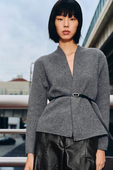 100% WOOL BELTED CARDIGAN - Mid-grey by Zara