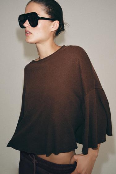 COTTON AND LINEN CAPE T-SHIRT - Brown by Zara