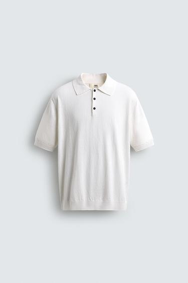 REGULAR FIT COTTON/LINEN KNIT POLO SHIRT - Oyster-white by Zara