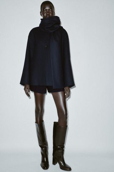 SHORT WOOL COAT WITH SCARF - Navy blue by Zara - Image 0