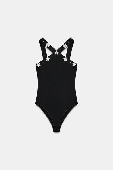 FLORAL STRETCH HALTER BODYSUIT - Black by Zara