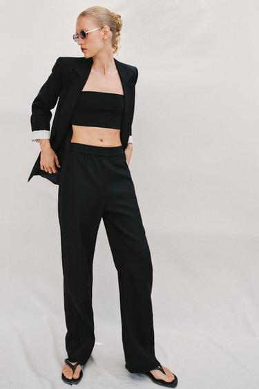 LINEN BLEND STRAIGHT TROUSERS - Black by Zara