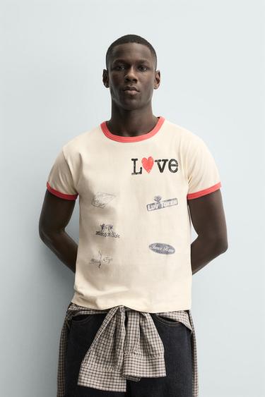 RIB T-SHIRT WITH CONTRAST HEART - Ecru by Zara