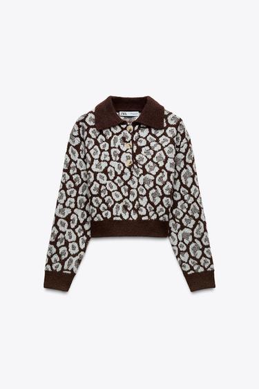 ANIMAL JACQUARD KNIT POLO JUMPER - Brown by Zara