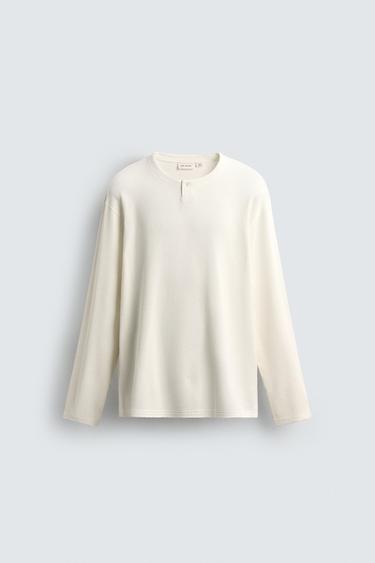 WAFFLE-KNIT HENLEY T-SHIRT - Oyster-white by Zara