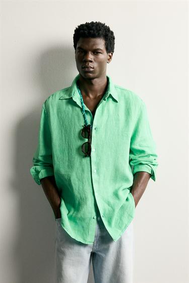 100% LINEN REGULAR FIT SHIRT - Neon green by Zara