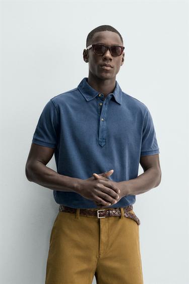 WASHED REGULAR FIT PIQUÉ POLO SHIRT - Blue by Zara