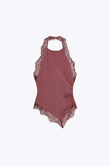 TEXTURED HALTER TOP WITH LACE - Dark pink by Zara