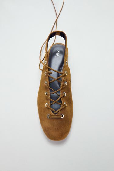 SUEDE TIE SLINGBACK SHOES - Dark tan by Zara