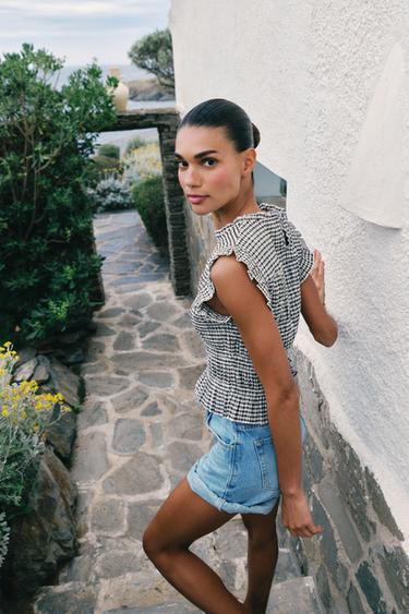 GINGHAM SMOCKED TOP - Brown / Ecru by Zara