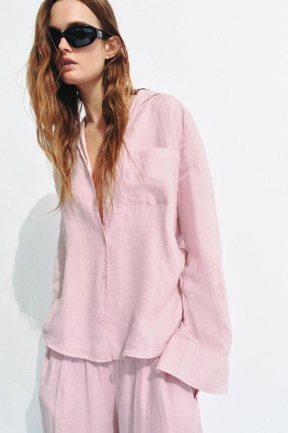 ZW COLLECTION LINEN BARREL TROUSERS - Light mauve by Zara - Image 0