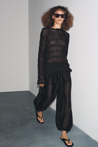 SEMI-SHEER KNIT BLOUSE WITH GATHERED DETAILS - Black by Zara