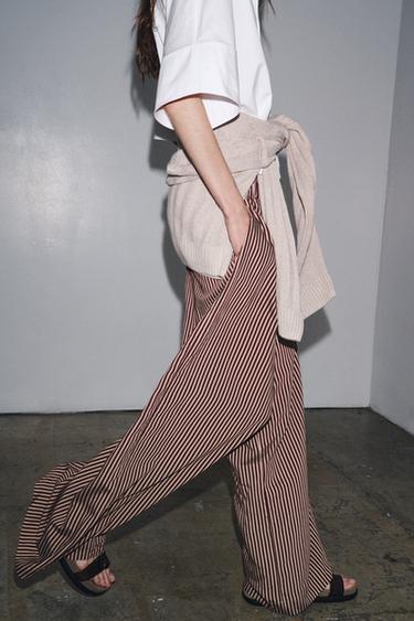 ZW COLLECTION STRIPED FLOWING TROUSERS - Ecru / Maroon by Zara
