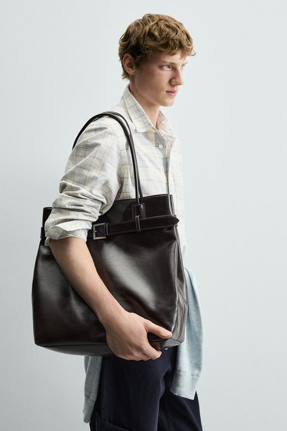 LEATHER TOTE BAG WITH BELT - Brown by Zara - Image 0