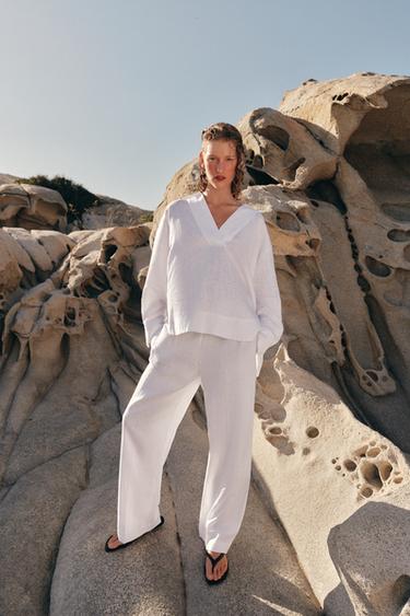 STRAIGHT TROUSERS WITH LINEN - Oyster-white by Zara