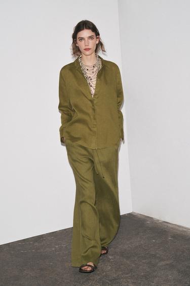 ZW COLLECTION 100% LINEN PALAZZO TROUSERS - Olive green by Zara