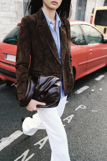 DOUBLE-BREASTED 100% LEATHER SUEDE BLAZER - Brown by Zara