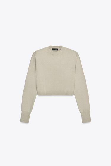 CROPPED KNIT JUMPER WITH SHOULDER PADS - Stone by Zara