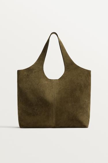 LEATHER TOTE BAG - Khaki Green by Zara