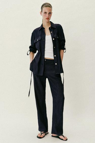 WRINKLED-EFFECT STRAIGHT TROUSERS - Navy blue by Zara