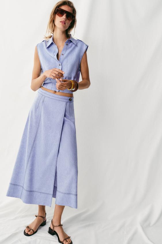 LINEN BLEND WRAP SKIRT WITH TOPSTITCHING - Light blue by Zara - Image 0