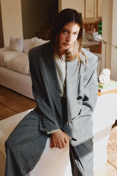 PLEATED TROUSERS WITH BUTTON HEM - Grey / Blue by Zara