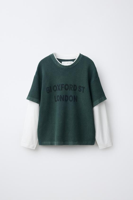 TEXTURED DOUBLE-SLEEVE T-SHIRT - Green / Ecru by Zara - Image 0