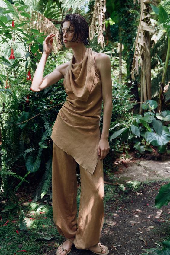 LINEN BLEND WIDE-LEG TROUSERS WITH DRAWSTRINGS - Sand by Zara - Image 0